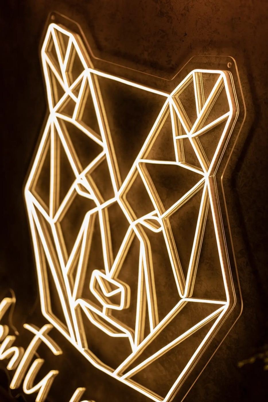 Detaljbild på en LED-neonskylt monterad på akrylplatta