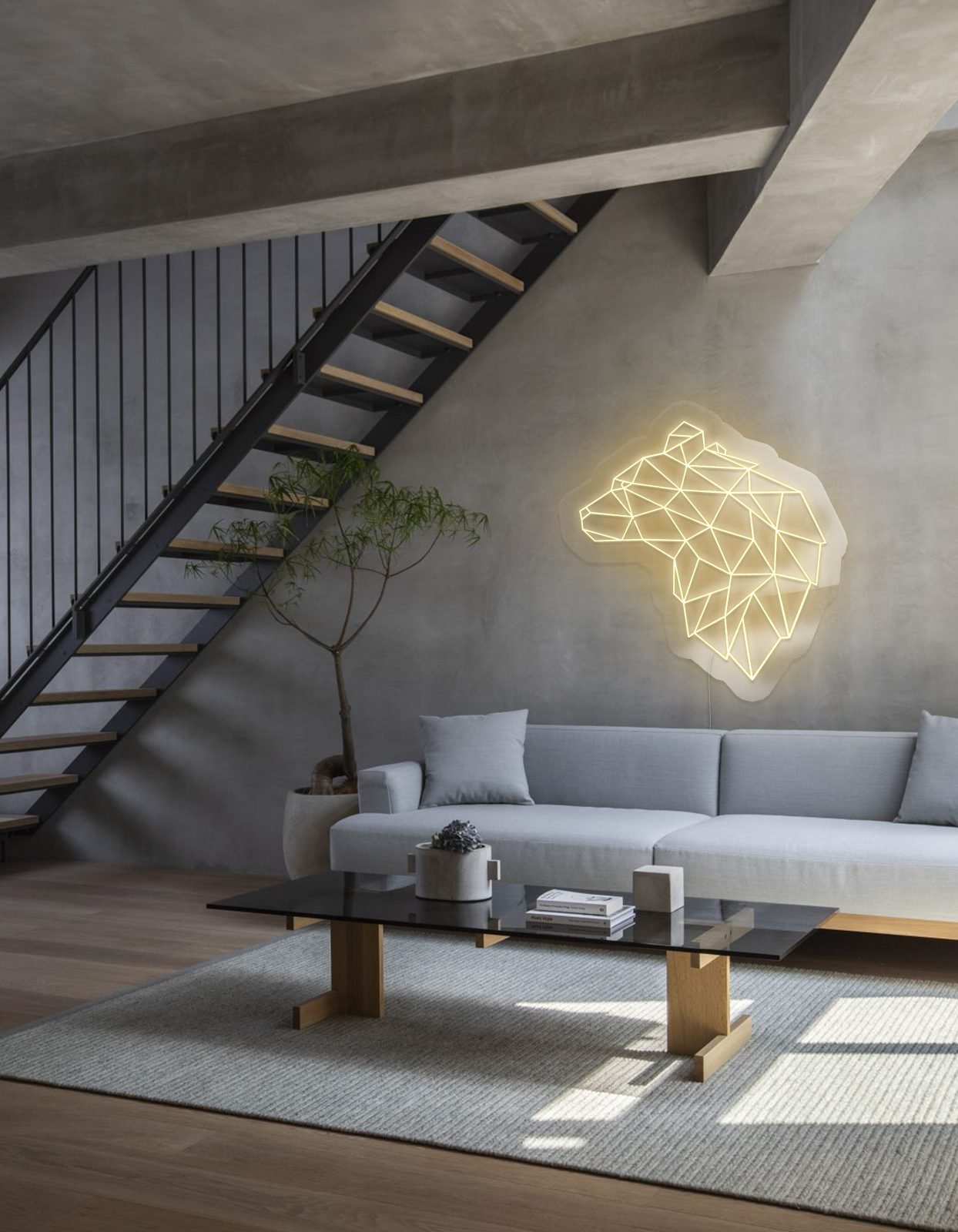 Geometrisk neonfigur i ett vardagsrum